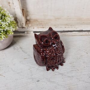 Vintage '74 Brown Ceramic Pottery Owl Figurine - MCM- Boho- Folk Art Owl